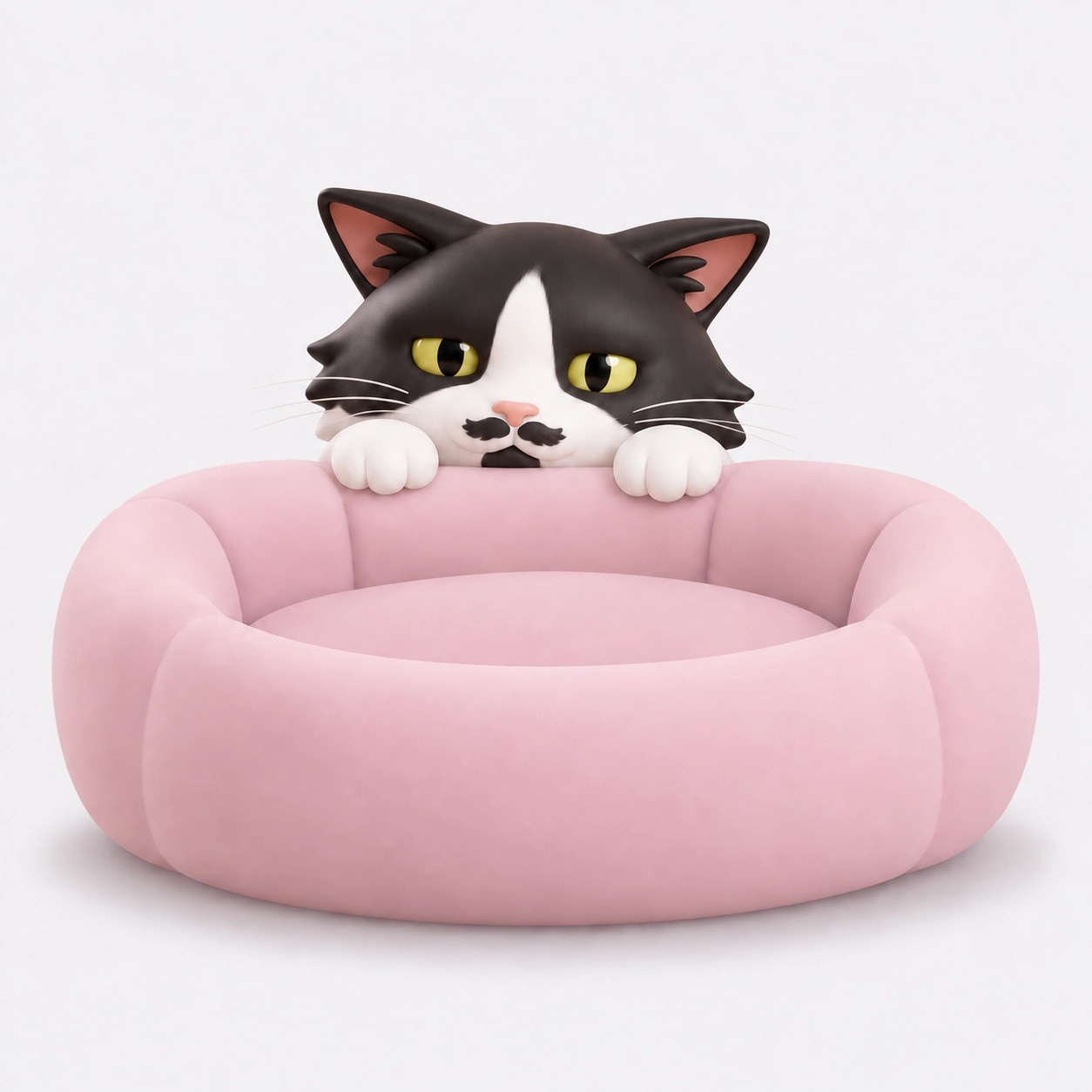 Gato preto e branco espiando por trás de uma caminha rosa, mostrando comportamento sutil de recolhimento.