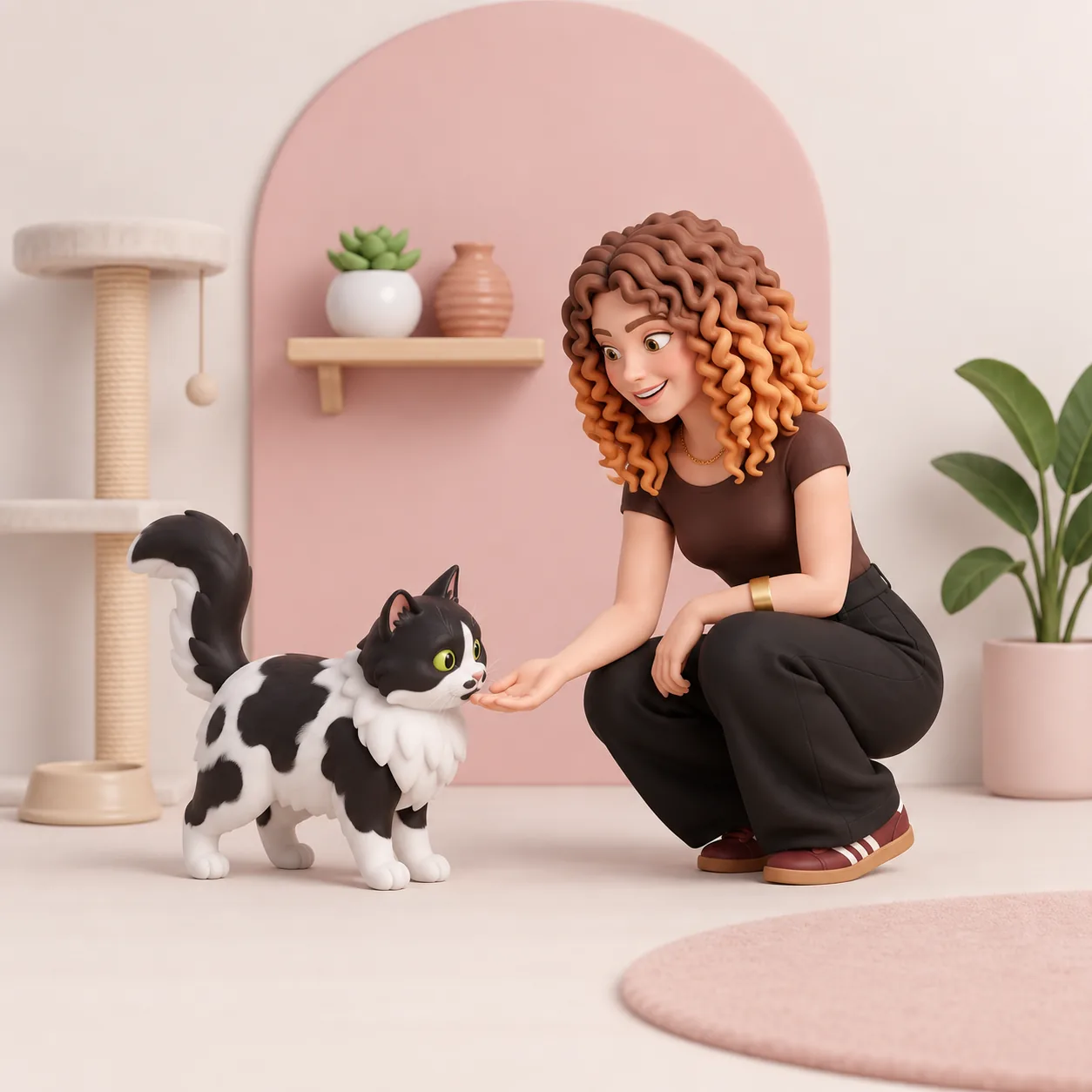 Natalia agachada, oferecendo a mão para um gato preto e branco cheirar.