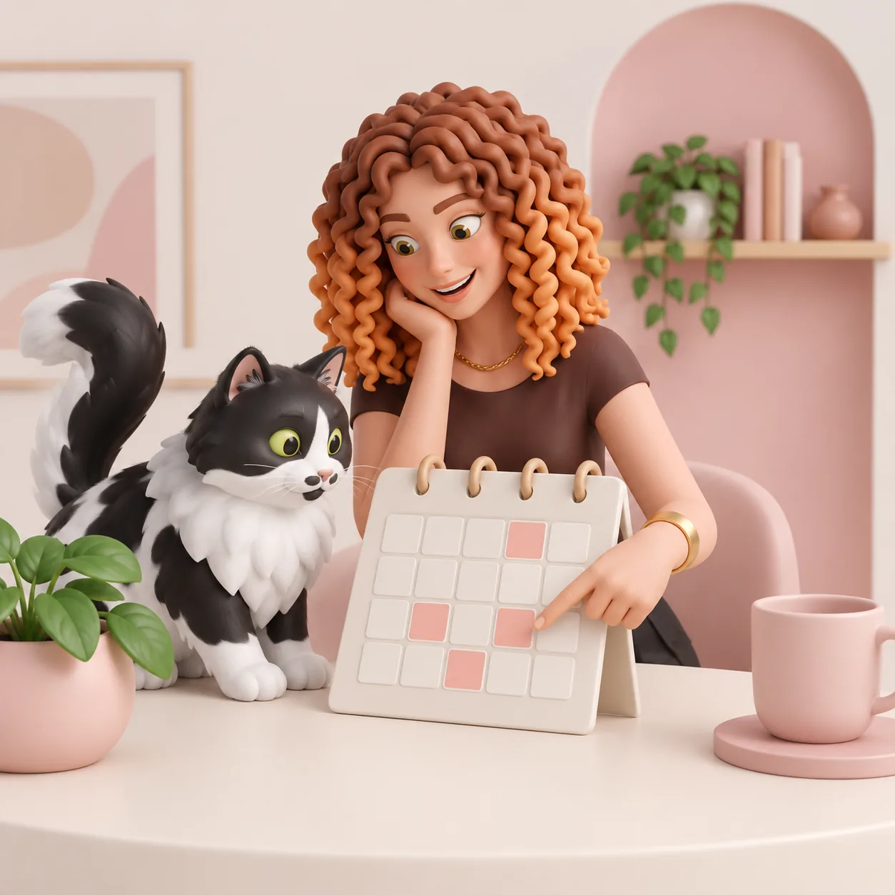 Natalia segurando um calendário ao lado de um gato preto e branco.