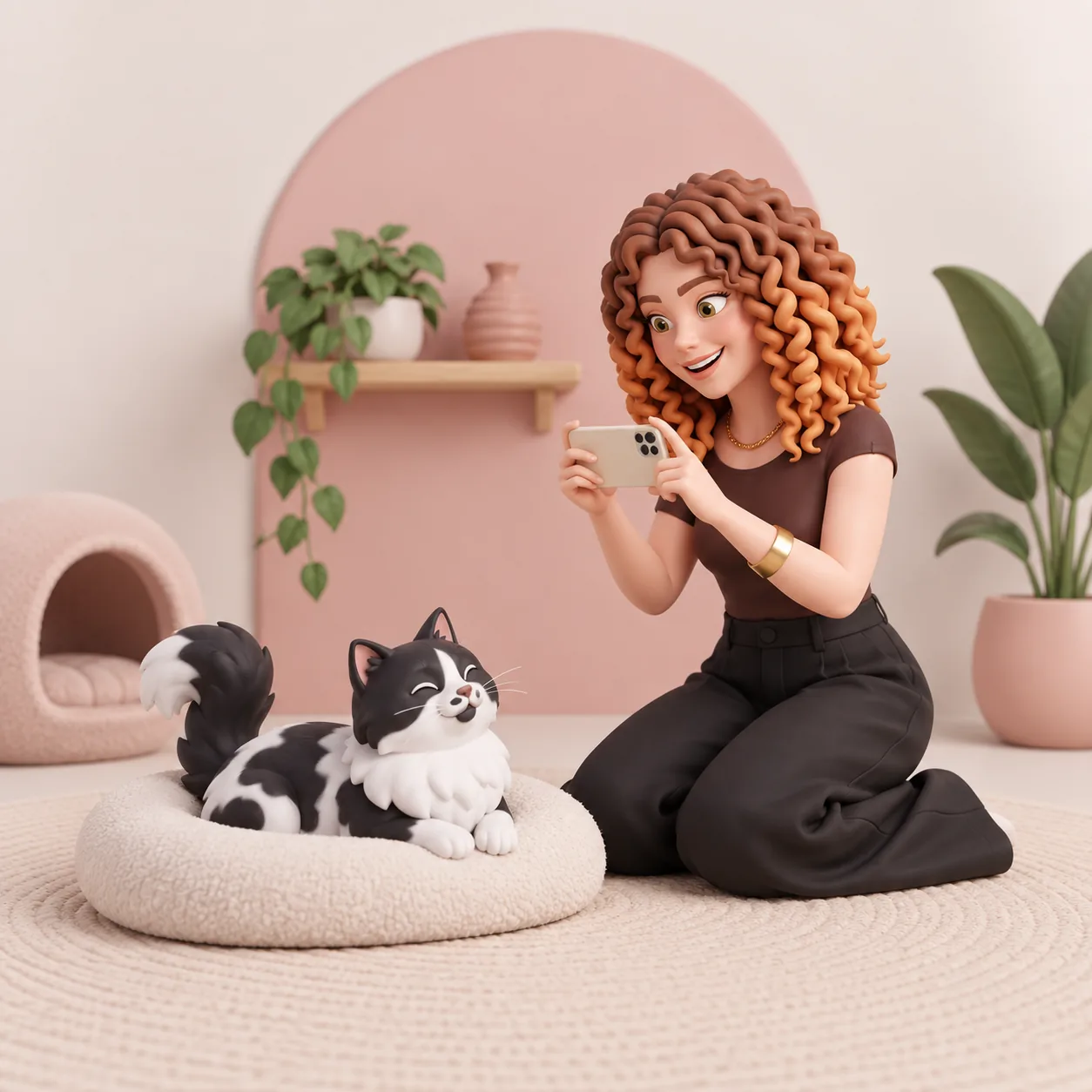 Natalia fotografando um gato relaxado em uma almofada.